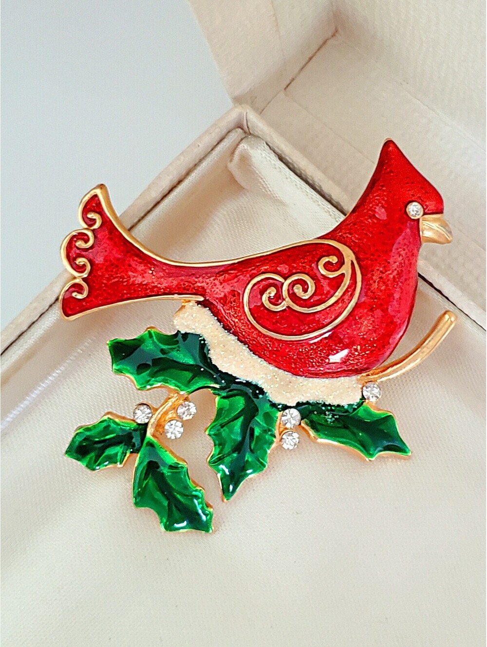Vintage Kenneth Cole Red Cardinal Enamel and Rhinestone Christmas Holiday Brooch